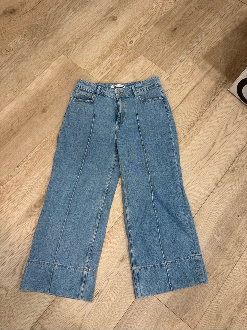 Zara Light Blue Wide-Leg Flare Jeans with Front Panel Seams